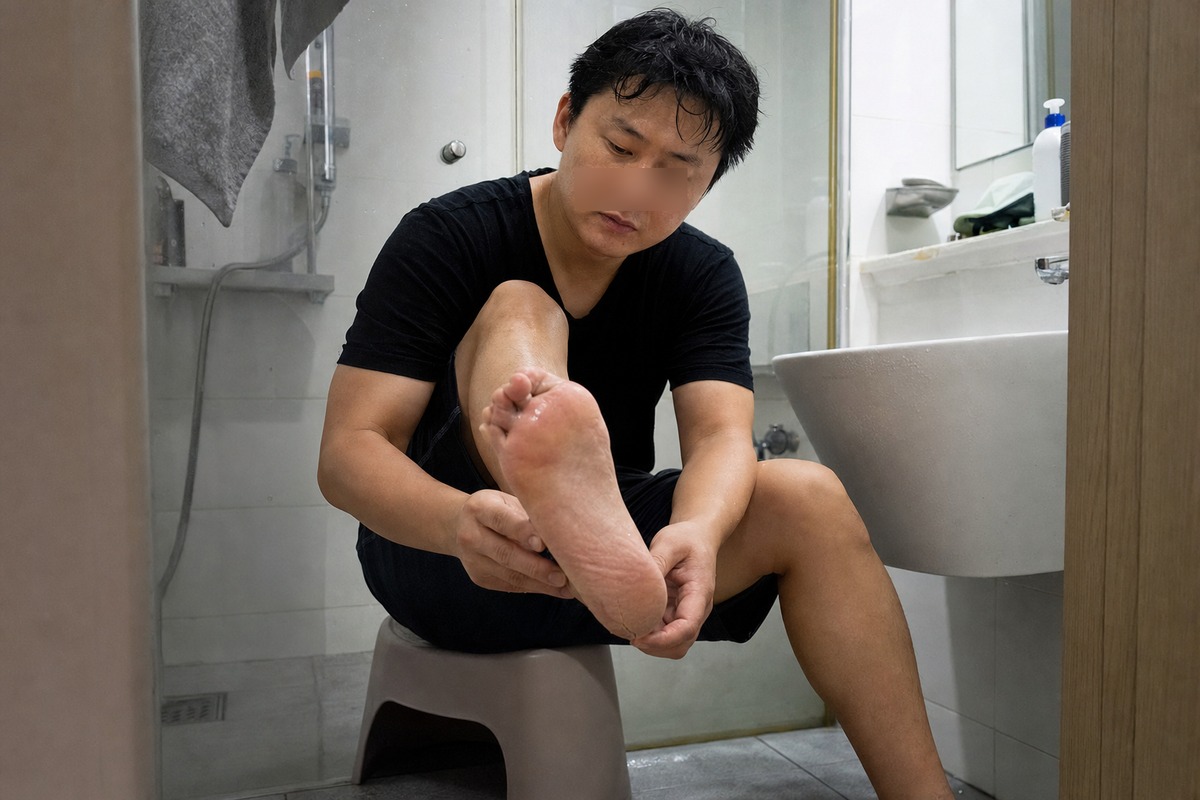 샤워 후 발뒤꿈치를 확인해보니 하얗게 들뜬 부분이 먼저 보였어요.