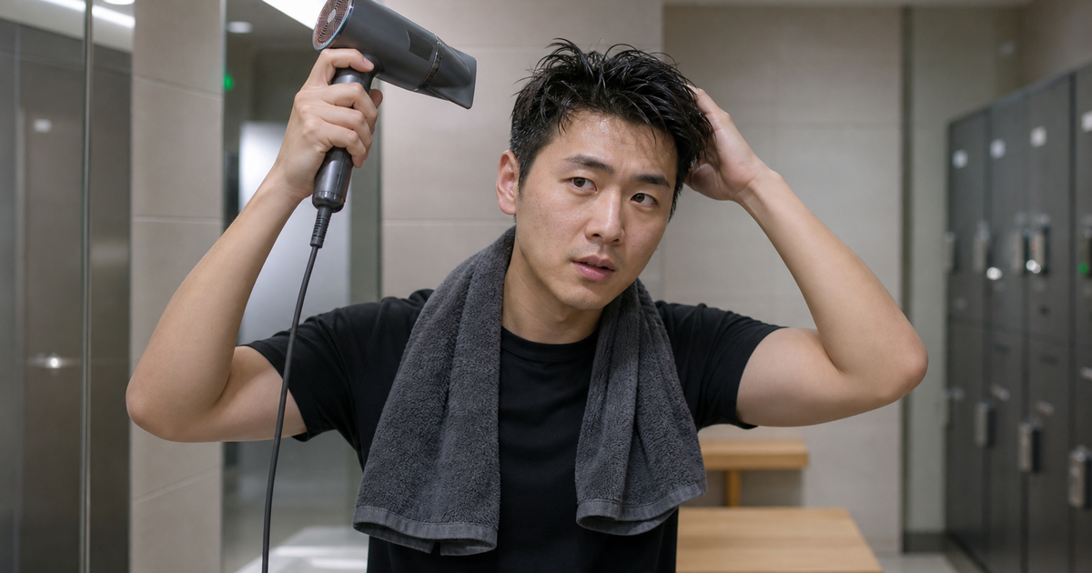 남자 헬스장 샤워 후 두피 말리기 기준: 뿌리 습기 남기지 않는 법 두피·헤어케어 살펴볼 점 루틴 요약 이미지