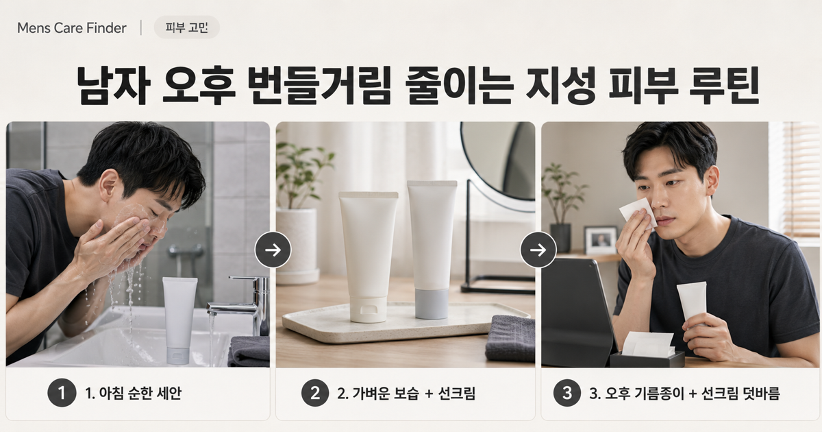 오후 번들거림을 줄이는 남성 지성 피부 수정 루틴 이미지