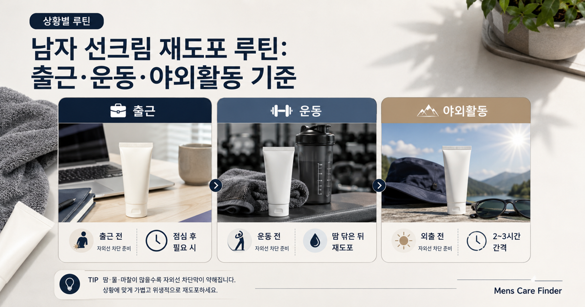 출근 운동 야외활동 상황별 남성 선크림 재도포 이미지